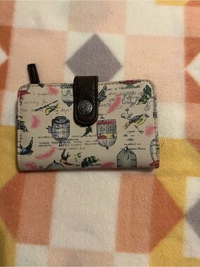 Bird Print Zip Wallet with Brown Snap Strap